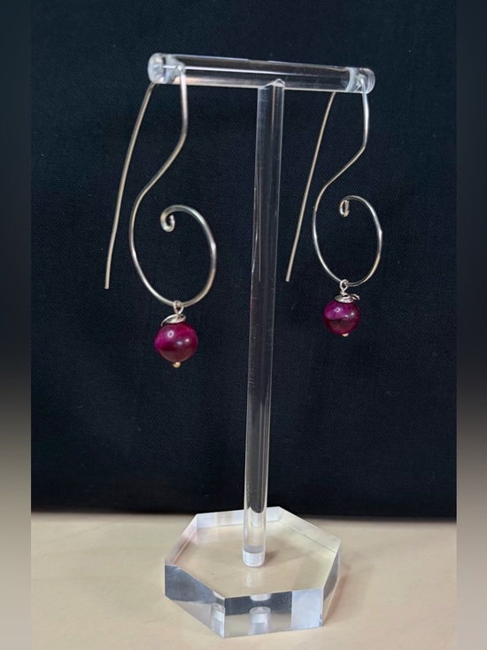 Sterling Silver Red Tigers Eye Artisan Hand Crafted Wire Drop Earrings - Picture 2 of 7